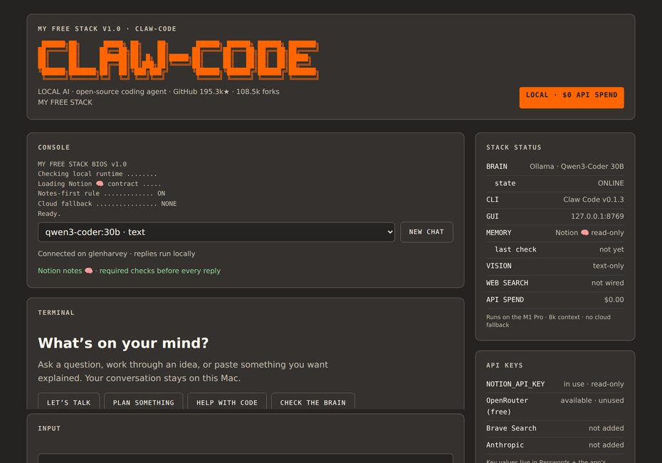 The My Free Stack chat window: console online, local Qwen3-Coder model.