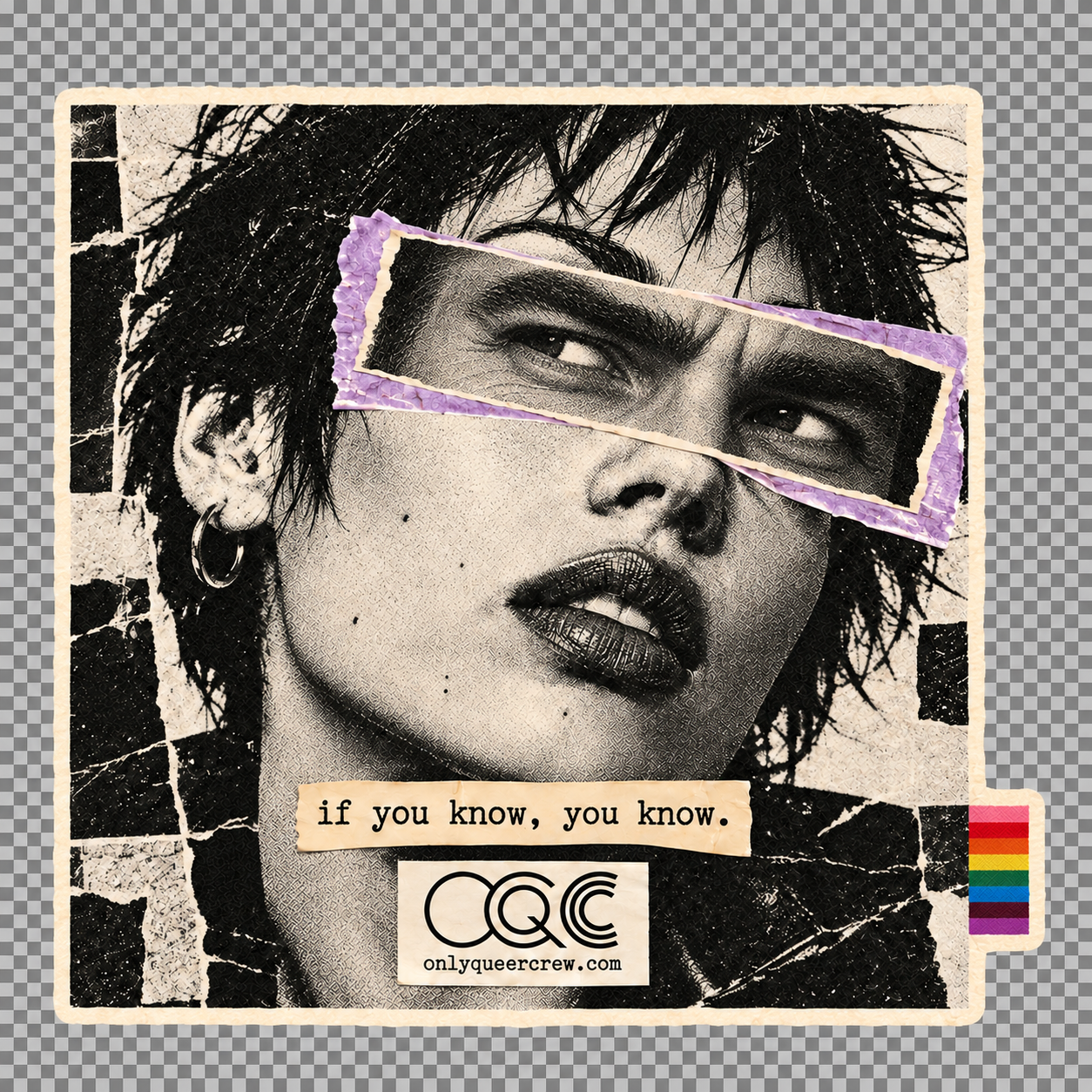 Only Queer Crew punk collage sticker with rainbow tab