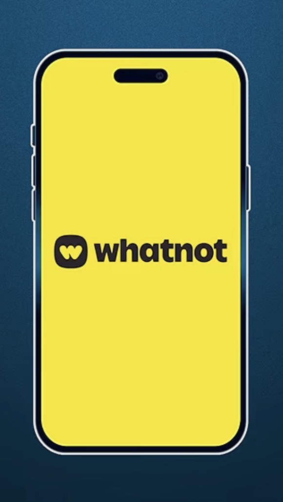 A phone displaying the yellow Whatnot welcome screen against a deep teal background.